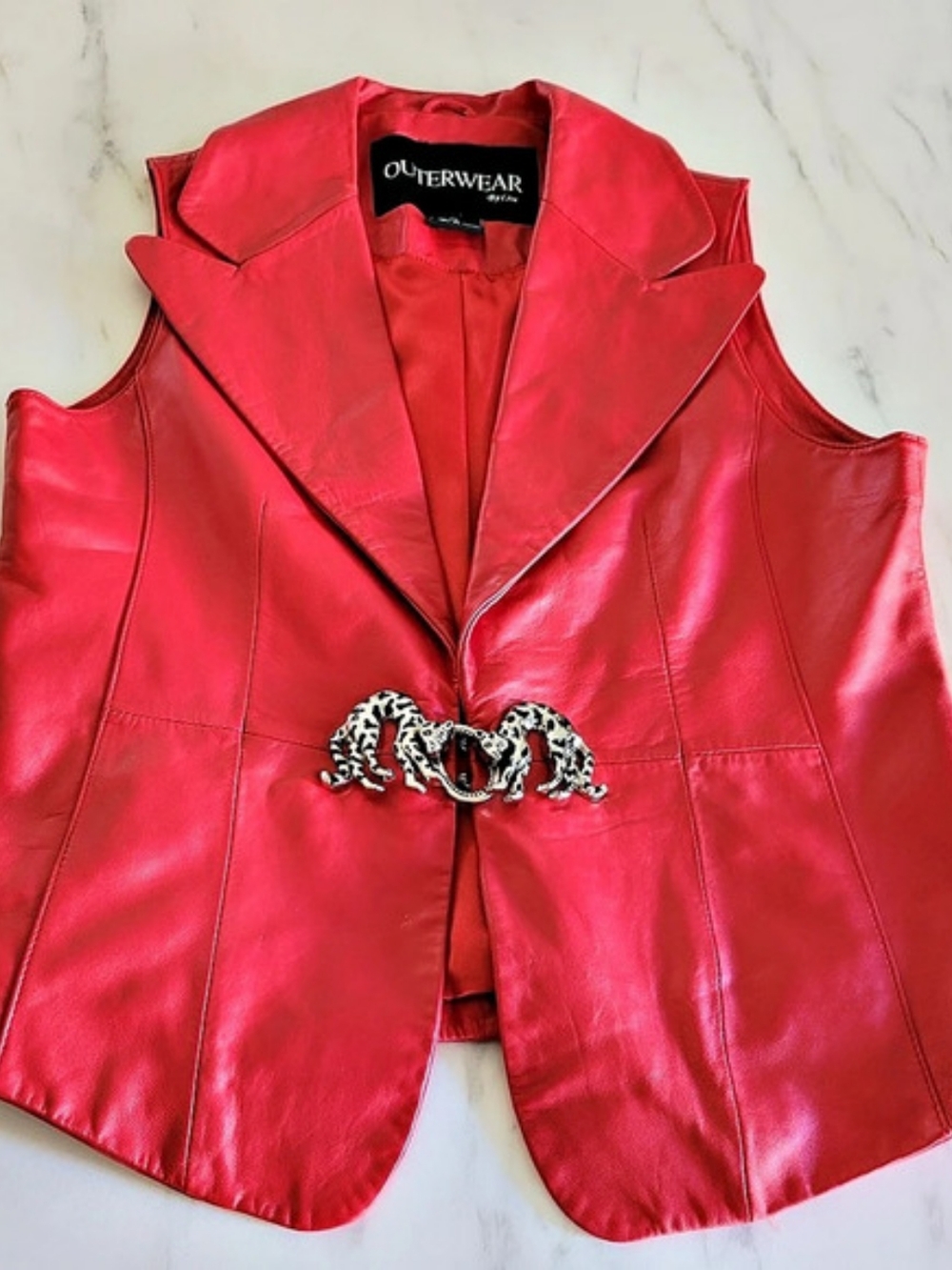 VTG 90s Outerwear by Lisa Red Lambskin Leather Vest M Panther Leopard Buckle Y2K